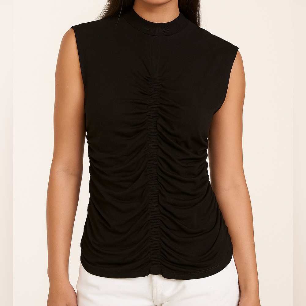 TOPSHOP Black Ruched Sleeveless Mock Neck Top Size XS